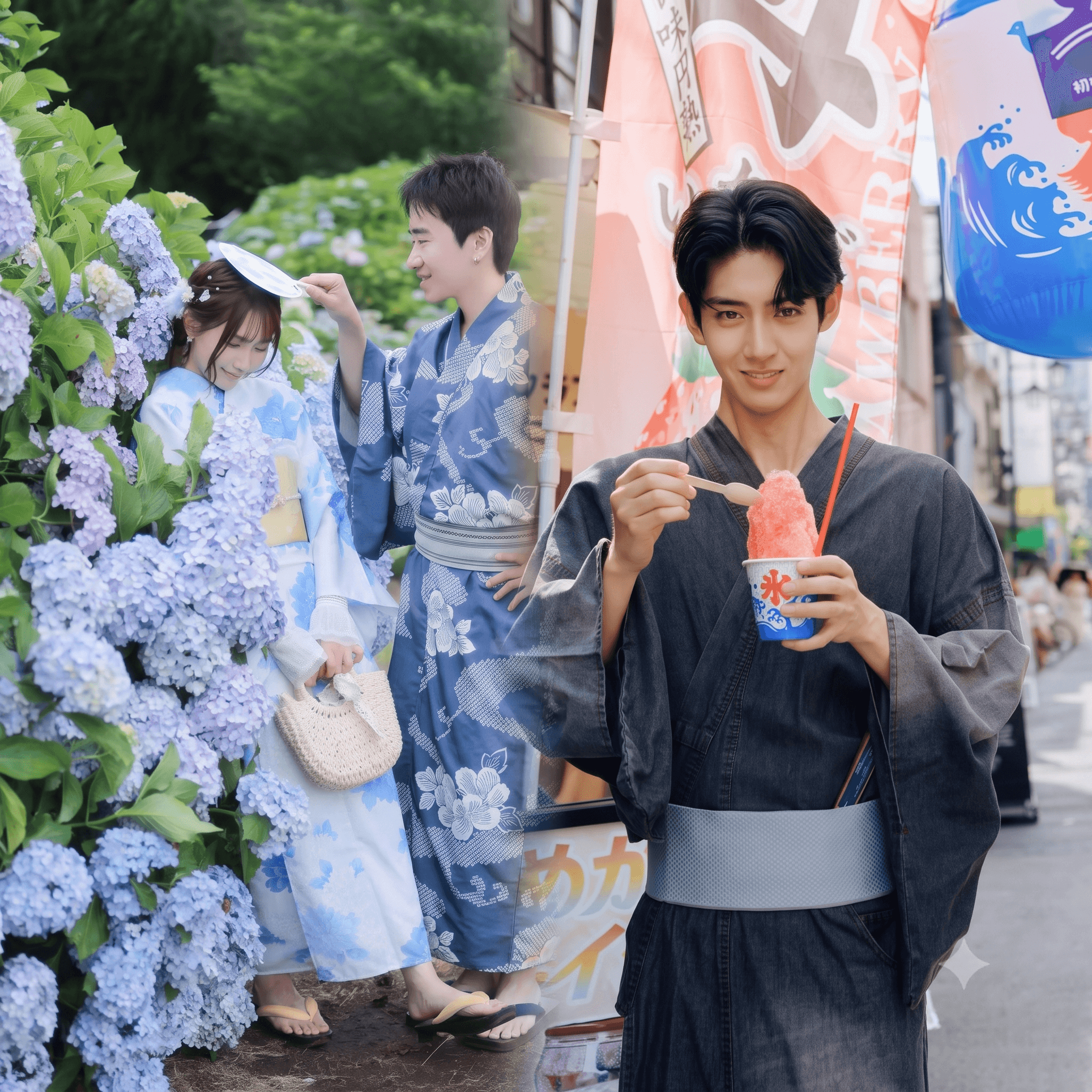 身長の異なる男女が浴衣を着て、丈感やサイズ選びの参考になるカップル写真